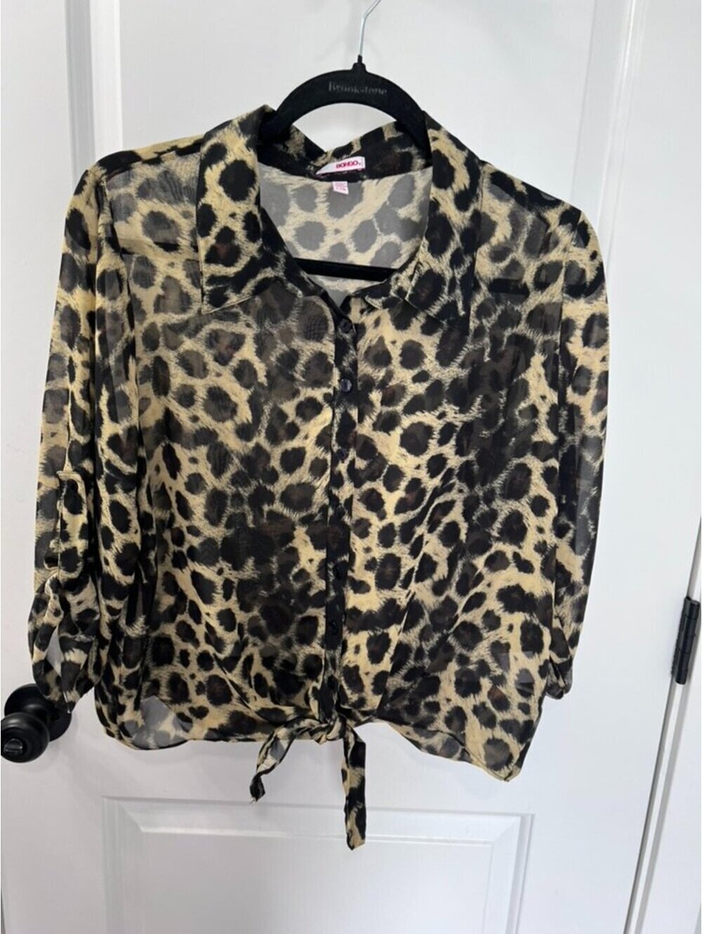 BONGO Retro Y2K Leopard Animal Print Sheer Tie Front Blouse Size Large